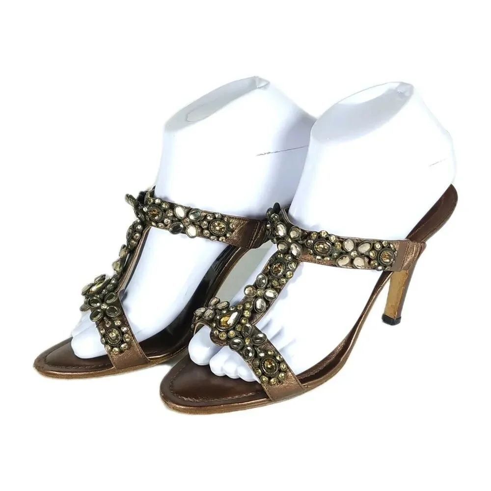 MANOLO BLAHNIK Women's 38.5 US8 Metallic Bronze Leather Embellished Sandals
